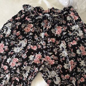 Angie Black Pants with Red and White Floral Design